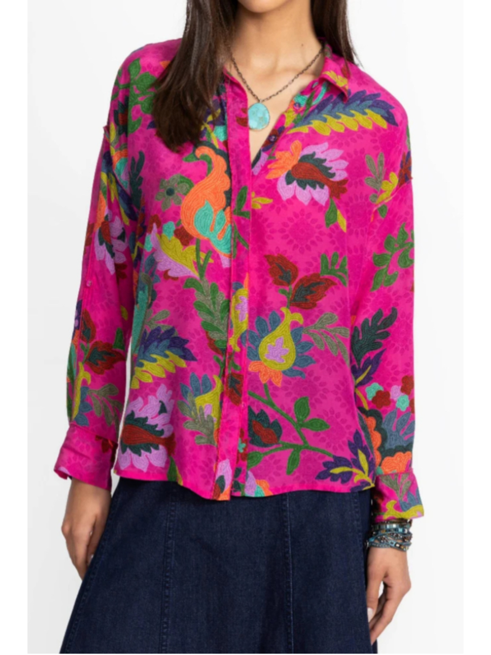 Johnny Was Silk Martijn Shirt Verney Size S (22” PTP) Oversized Button-up